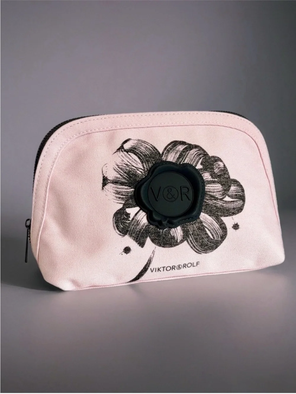 Viktor & Rolf Flowerbomb Pink Canvas Cosmetic Pouch with Black Floral Seal NEW